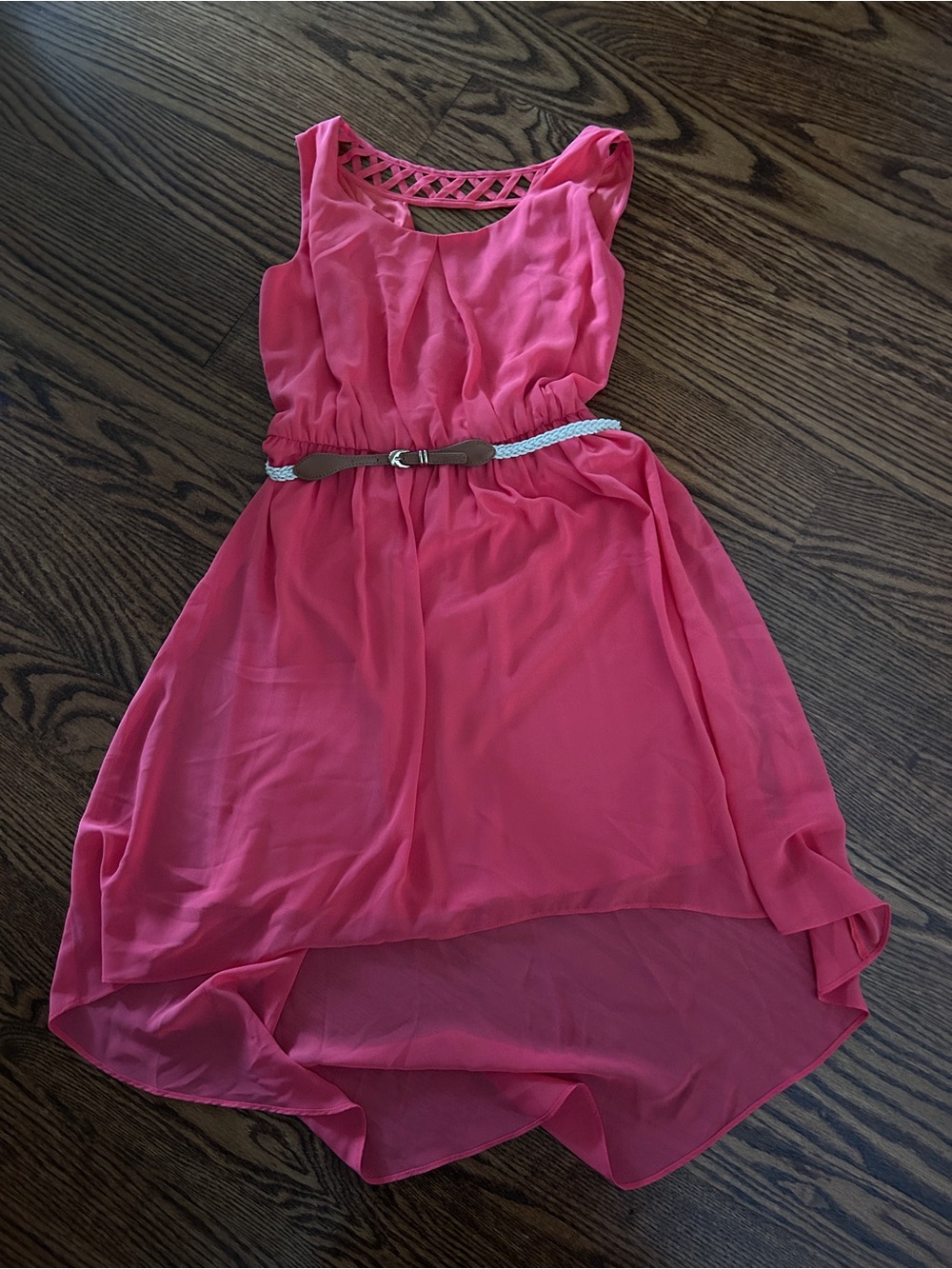 Peach High-Low Sleeveless Chiffon Dress with Accent Belt